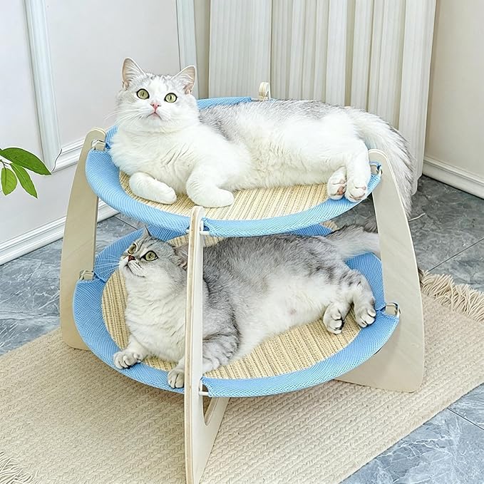 Elevated Cat Bed Breathable Mesh Hammock | Removable Washable Double Layer Wooden Cat Bed for Medium Large Breed All Season Home Indoor Balcony Living Room