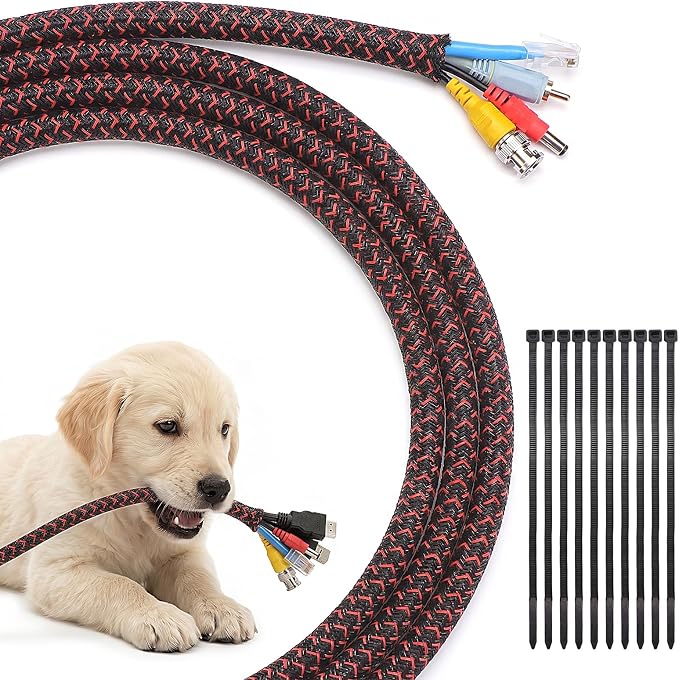 Yecaye 10ft - 1/2 inch Cord Protectors from Pets no Chew, BlackRed | Split Cable Management Sleeves, Wire Loom Tubing for TV USB Cord Protector, Cord Covers for Pets Bite-Resistant