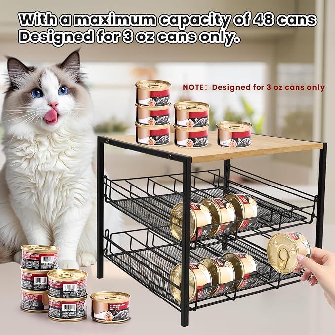 Bamboo & Iron Cat Food Organizer, 2-Tier Stackable Rack Holds 48 Cans 3oz | FIFO auto slide-down,Flat top storage, Organizes pantry & pet food cans