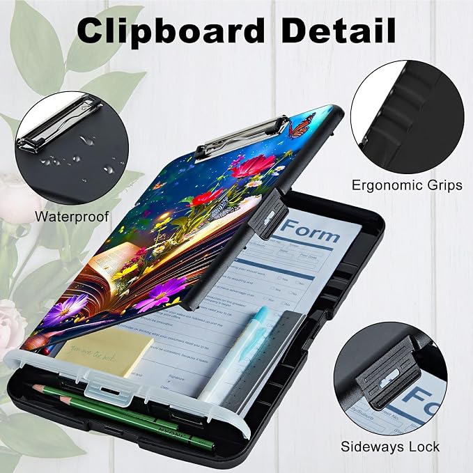 Book Flower A4 Clipboard with Storage Pen Holder, Clipboards Organizer Nursing Clipboard Foldable File Folder Plastic Clipboard Folio Clip Board for Office Students Classroom Doctor