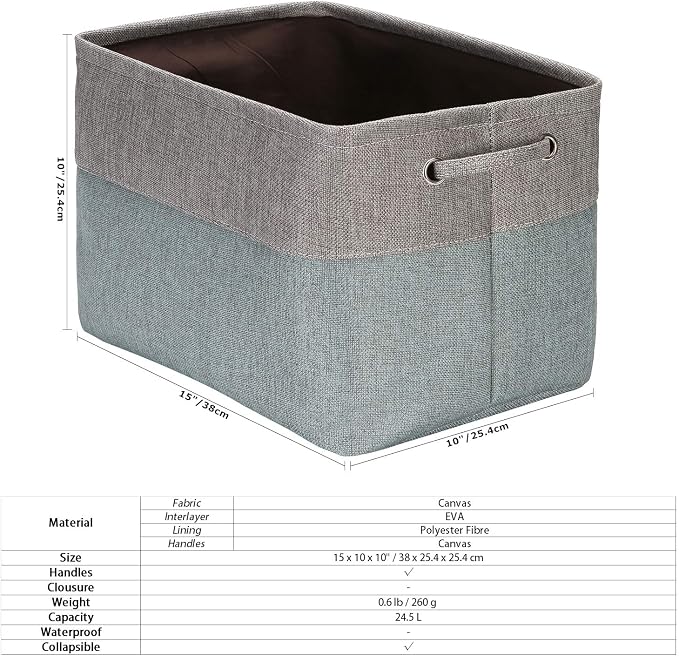 Sea Team Large Rectangle Canvas Open-Top Storage Baskets, 3-Pack | Collapsible Fabric Storage Bins with Handles, Closet Shelf Organizers, 15 x 10 x 10 Inches, Stone Blue & Gray