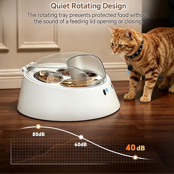 RFID Microchip Cat Feeder, 1 Tag Opens 2 Hidden Bowls, Anti-Theft | 3 removable stainless bowls (2 protected + 1 open), quiet rotating access, 2-4 in tag range, cordless 10 days or plug-in