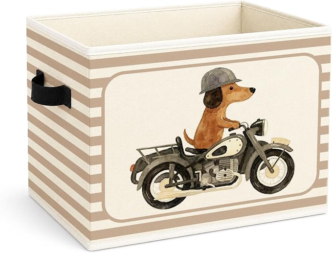 Motorcycle Dog Storage Bin, Beige Stripe Foldable Fabric Basket | Cute dog rider collapsible fabric organizer for nursery, bedroom, playroom, toys, books, and clothes