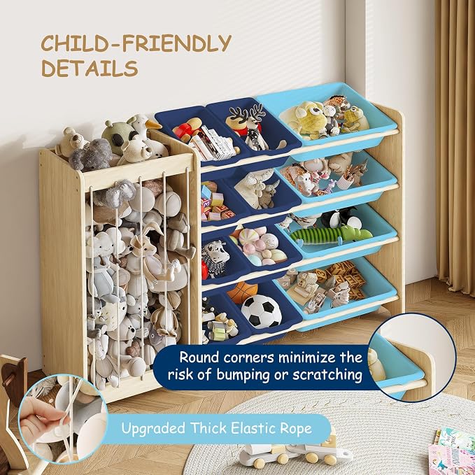 EXPERLAM Kids Toy Storage Organizer, 2-in-1 Stuffed Animal Storage & Toy Organizer w/12 Bins, Solid Wood Toy Rack Featuring Thicker Elastic Ropes, Playroom Nursery Bedroom Storage, Blue