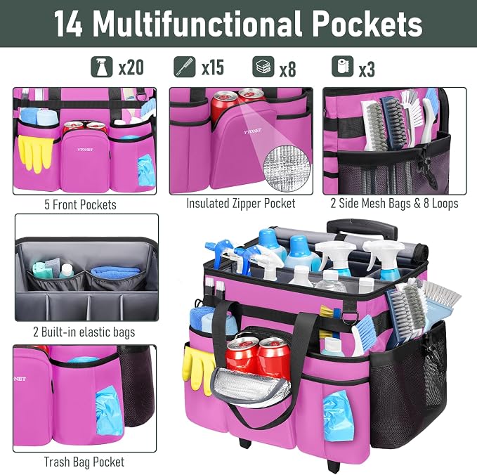 Ytonet Large Cleaning Caddy with Wheels, Cleaning Supplies Organizer | Multiple Storage Pockets Caddy with Wheels, Water Resistant Rolling Tool Caddy for Home, Car, Tool Organizer, Mobile Storage