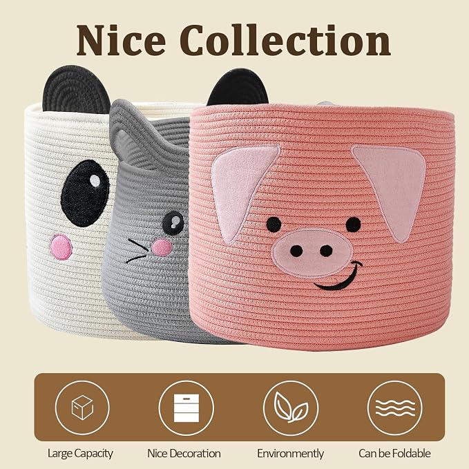 VK VK·LIVING Panda Storage Basket for Gift Foldable Cute Nursery Animal Toy Basket with Handles, Large Cotton Rope Baby Laundry Storage Organizer for Blankets Towels in Living Room Bedroom 15"D x 14"H