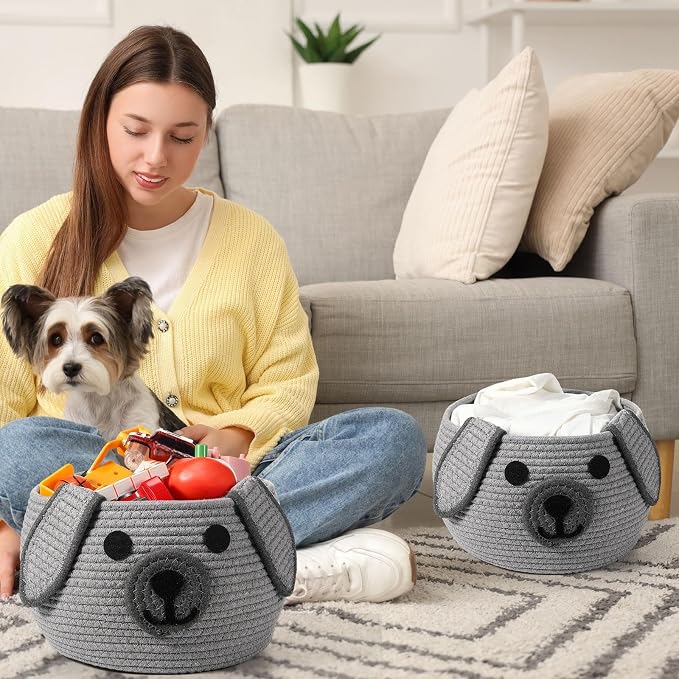 Zopeal Woven Dog Basket with Handle Toy Storage, Gray, 13 x 8 Inch | Pet Gift Basket, Toys Storage Organizer, Cotton Rope Rectangular Bin, Keeps Puppy Items Organized, Sturdy Handles