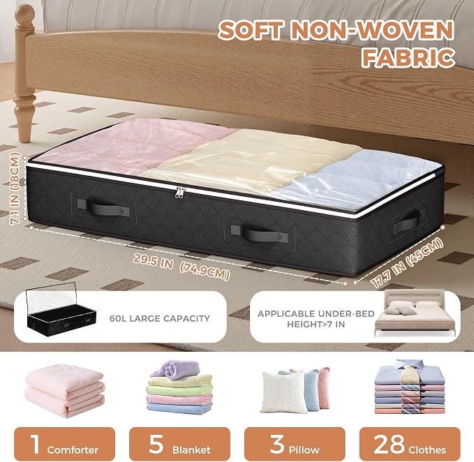 Under Bed Storage Containers with Clear Lids, 4 Pack | Underbed Storage Bags for Blankets, Towels, Comforter, Sweaters, Linen Sheets, Wrapping Paper
