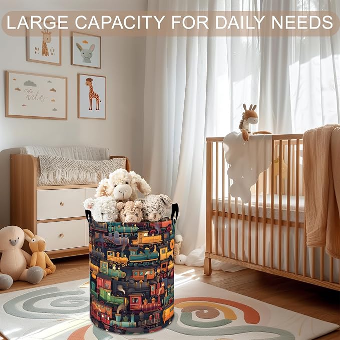 Train Laundry Basket Hamper 19.7"x15.8", Steam Train Foldable Waterproof Oxford Clothes Storage Bucket for Room Bathroom Bedroom Nursery Decor, Toy Organizer Bins Gifts for Kids Boys Girls