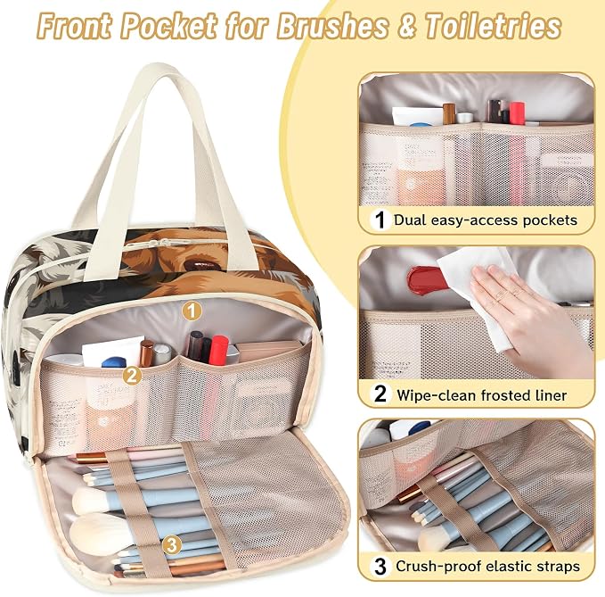 Cute Dog Funny Animal Travel Toiletry Bag with Handle | Wet & Dry Separation, Full-Size Bottle Friendly, Leak-Proof, Waterproof, Easy to Clean, for Travel, Gym, Home