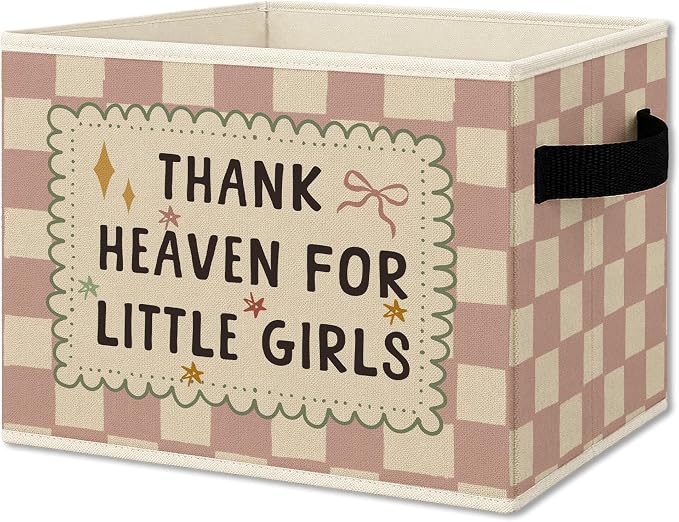 Girl Nursery Cube Storage Bins with Handles, Thank Heaven for Little Girls Pink Checkered Collapsible Fabric Storage Basket Boxes Books Clothes Organizer for Girls Room Bedroom Bathroom