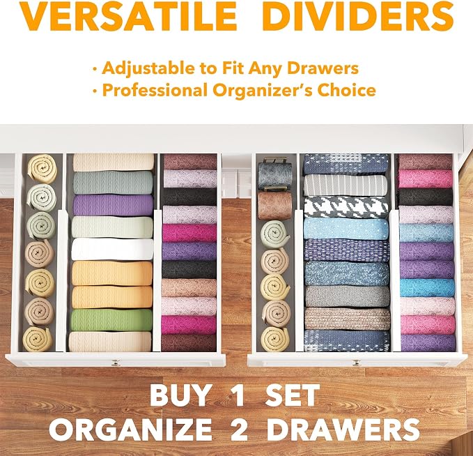 SpaceAid Bamboo 4 Pack Dresser Drawer Dividers, 4.65“ High Adjustable 12.5“-17” Drawer Organizers, Expandable Organization for Clothing, Clothes, Dressers, White