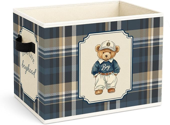 Boyhood Bear Storage Bin, Blue Plaid Foldable Fabric Basket | Foldable blue plaid fabric organizer with Long Live Boyhood bear design for nursery, bedroom, playroom, toys, books, clothes