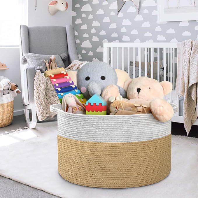 MEGASKET Extra Large Storage Basket, 22” x 22” x 14” Cotton Rope Bins for Storage, Wicker Baby Laundry Basket, Kids, Woven Kids Toy Bin Box, Decorative Baskets for Organizing Clothes, Towels, Blankets