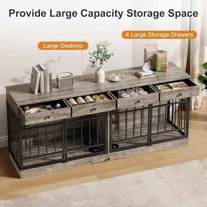 Dog Crate Furniture for 2 Dogs, Double Dog Crate TV Stand, Gray | 78.7'' Large Dog Kennel Indoor, 4 Storage Drawers and Feeding Bowls, Pet Kennel for Small and Medium Dogs