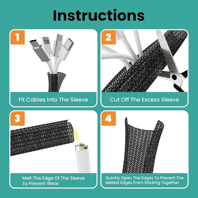 CableGeeker Braided Cable Management Sleeve, 25 ft (300 in), 1/2 in, Black | Expandable Split PET Braid, Self-Closing Design for TV, PC, USB and Ethernet Cables, Protect Pets Kids