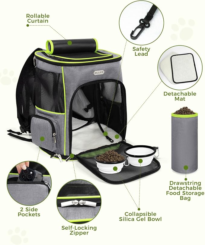 BAGLHER Expandable Cat Carrier Backpacks, Retractable Pet Carrier Backpack for Small Dogs & Cats with Breathable Mesh, Travel Bag Up to 18 Lbs for Hiking Camping Outdoor - Grey
