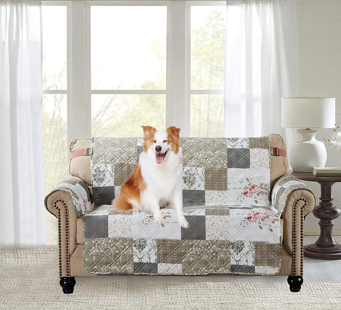 Brilliant Sunshine Pink Rose & Grey Toile Loveseat Cover, 54" seat | Quilted Sofa Cover, Living Room & Bedroom Furniture Protector, Large Washable Love Seat Slipcover for Pets, Dogs & Cats