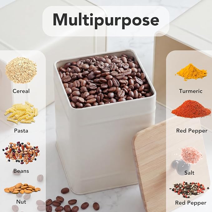 PERFNIQUE Kitchen Canisters for Countertop Set of 3, Airtight Canisters Sets for the Kitchen Counter with Lid, Metal Farmhouse Food Storage Containers Jars for Flour Sugar Coffee Tea Spice (White)