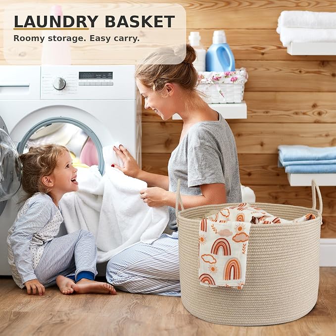 XUANGUO 66L Large Blanket Basket, Round Cotton Rope Basket, Oatmeal | 20" x 13" Laundry Basket with Sturdy Handles for Blankets, Pillows and Toys; Storage for Living Room, Bedroom and Nursery