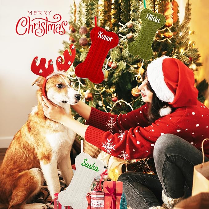 Personalized Pet Christmas Stocking,18 inch Custom Name Knit Christmas Stockings for Dog，Large Bone Xmas Stockings (Set of 2)