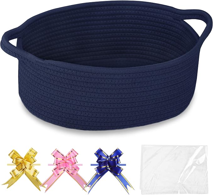 COMSE Empty Small Gift Basket with Bag & Ribbons, Navy Blue | Cotton Rope, 12"x 8"x 5", Baby Toy Organizer, Stores Small Items for Bedrooms, Nurseries, Bathrooms, Living Rooms, Offices