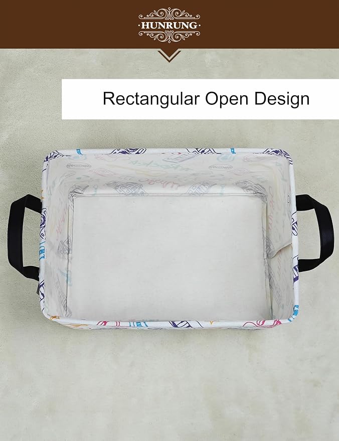 Rectangle Canvas Foldable Storage Basket for Nursery,Musical instrument | Portable and collapsible cloth receptacle. Stores pet essentials, daily use items