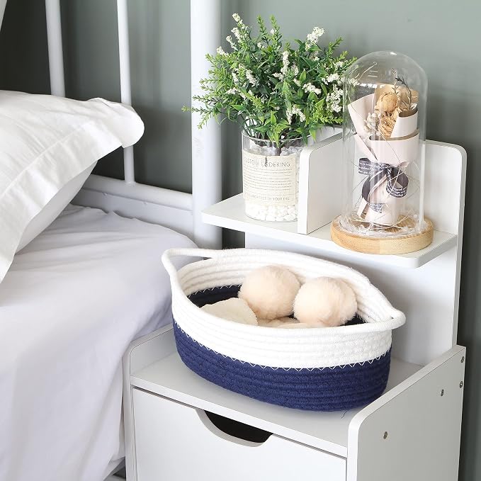 Sea Team 2-Pack Compact Woven Cotton Rope Storage Baskets, Navy | Knitted Decorative Organizer Bins with Handles, Portable Oval Containers for Small Items, Keys, Makeup, Jewelry, Trinkets
