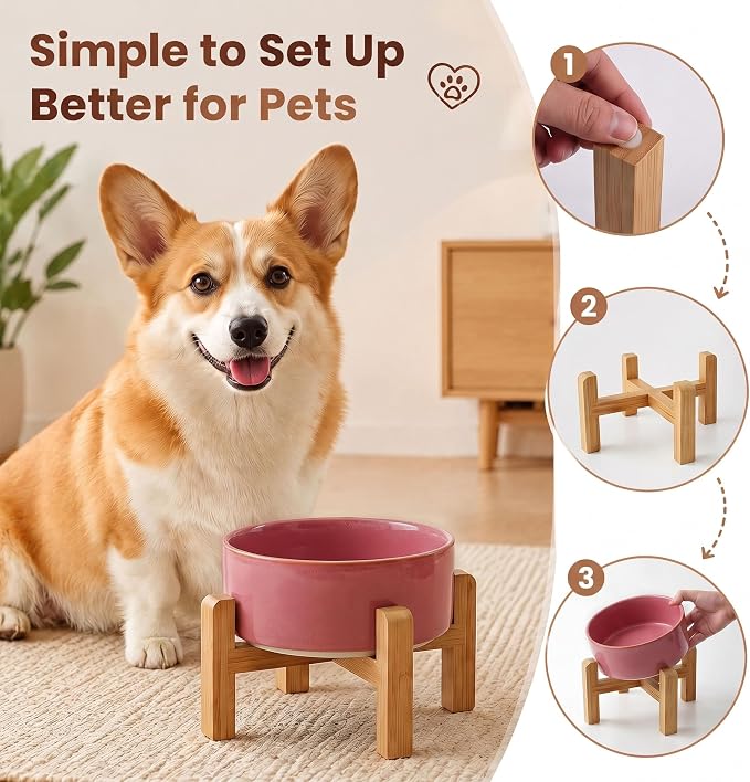 hjn Elevated Ceramic Dog Bowl with Bamboo Stand, Raised Pet Feeding Station for Small Medium Dogs Cats, Modern Design with Anti-Slip Base (Deep Pink, 3.6Cup)