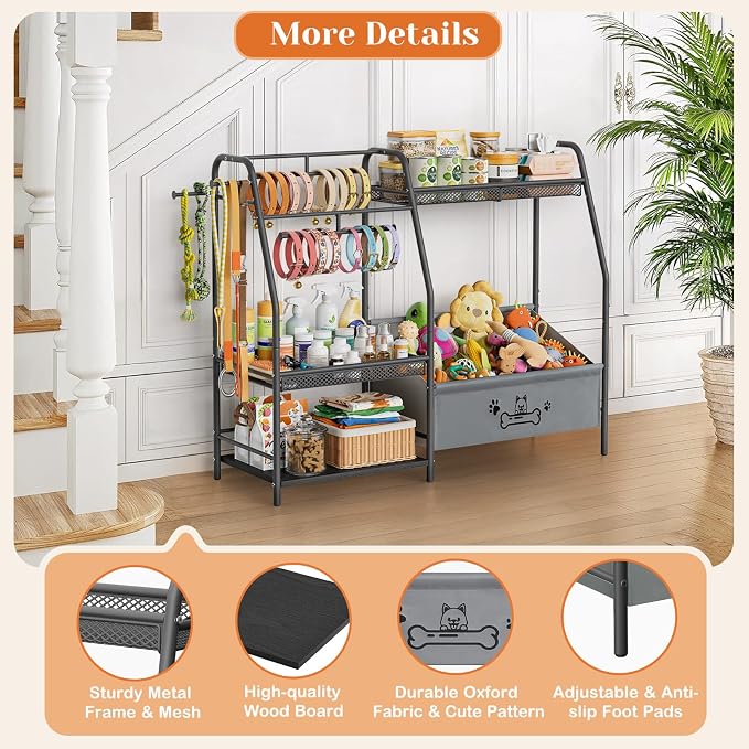 Lomivra Large Dog Toy Basket with Dog Storage Organizer, Trapezoid Toy Bin Box with Collar Leash Holder Hook, Dogs Toy Holder Chest Pet Storage Cabinet for Living Room Dogs Essentials