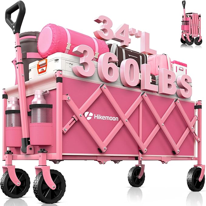 34'' Extra Long Folding Portable Wagon Cart, 120L 360LBS Pink | Wagons Carts Foldable, Heavy Duty, Collapsible Compact Storage, Utility for Shopping/Grocery/Garden/Camping/Sports