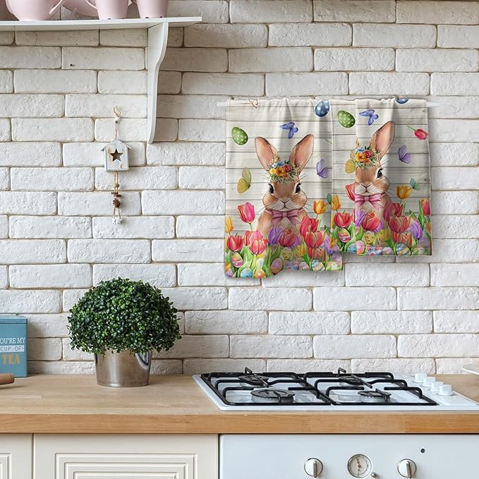 Giwawa Easter Bunny Hand Towels Tulip Floral Eggs Face Tea Towels Set of 2 Absorbent Microfiber Soft Dish Washing Cloth for Kitchen Bathroom Decor