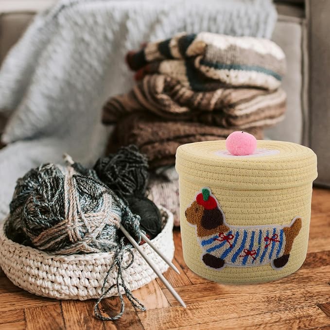 Milisten Cute Dog Shaped Car Storage Basket with Dustproof Lid, Large Capacity Woven Cotton Rope Organizer for Pet and Items, for Car Interior Use
