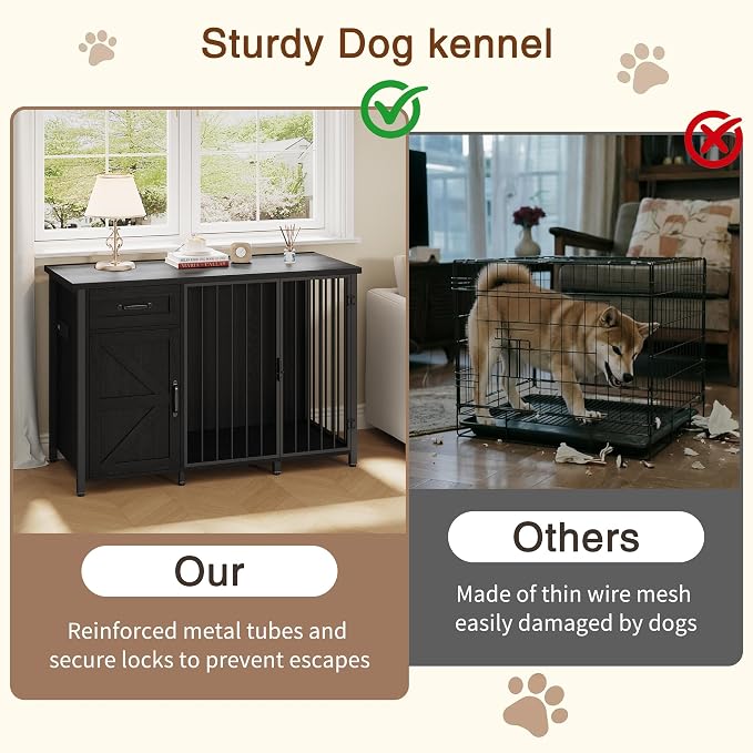 Spacesea 30" Dog Crate Furniture with Storage Drawers and Cabinet, Wooden Farmhouse Dog Kennel Indoor with 900lbs Capacity Steel Frame, Built-in Power Outlets
