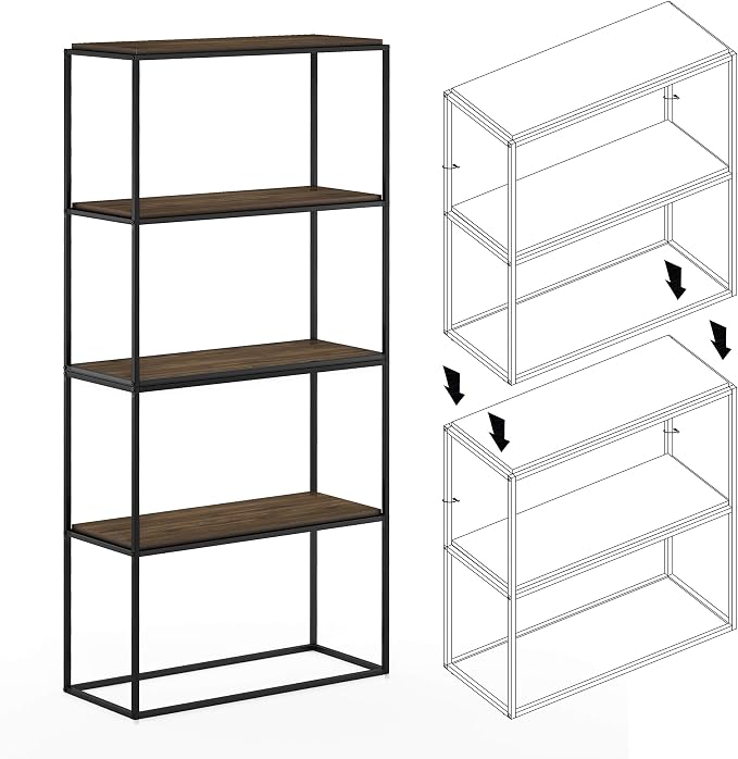 Furinno Moretti 2-Tier Metal Frame Storage Shelves, Columbia Walnut | Easy Assembly, Stackable, Rectangular, Book Shelf, Display Shelf, for Organization, Living Room, Garage, Home Office