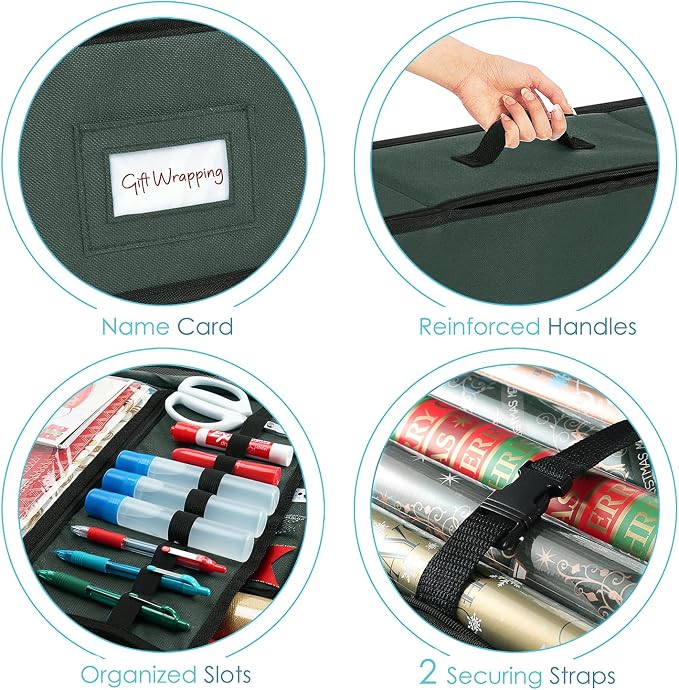 Hearth & Harbor Wrapping Paper Storage Container with Ribbon Storage Organizer - Christmas Storage Bag with Extra Interior Pockets - Gift Wrapping Organizer Storage Fits Up to 26 Rolls of 40" Length