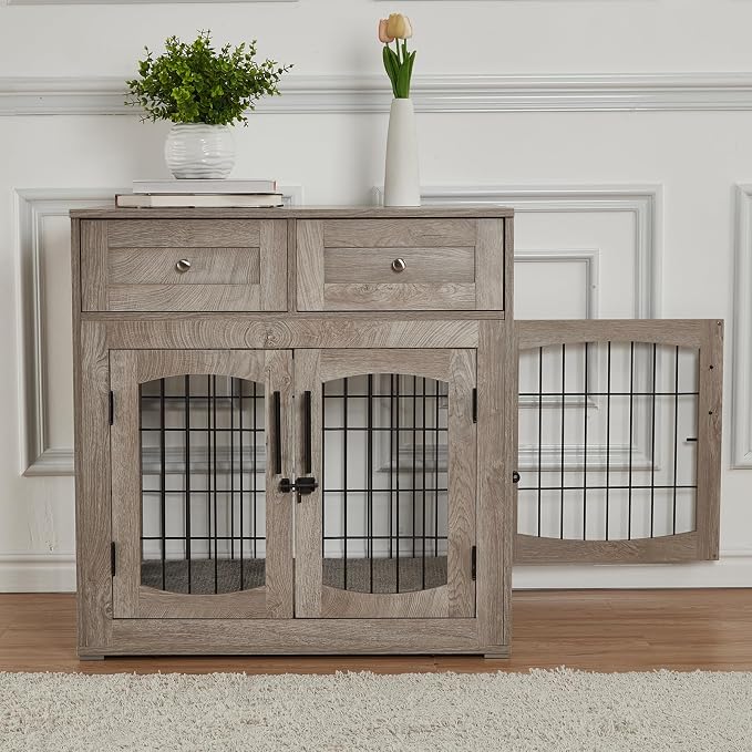 Dog Crate Furniture with Drawers,39.4" Wooden Dog Kennel for Medium/Large Dog,3 Doors Pet House with Cushion