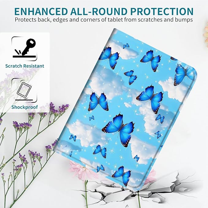 Case for Samsung Galaxy Tab A8 10.5" 2022 SM-X200/X205/X207, 360 Degree Rotating Stand with Multi-Angle Vertical & Horizontal Viewing Shockproof Shell for Men, Blue Butterfly White Cloud