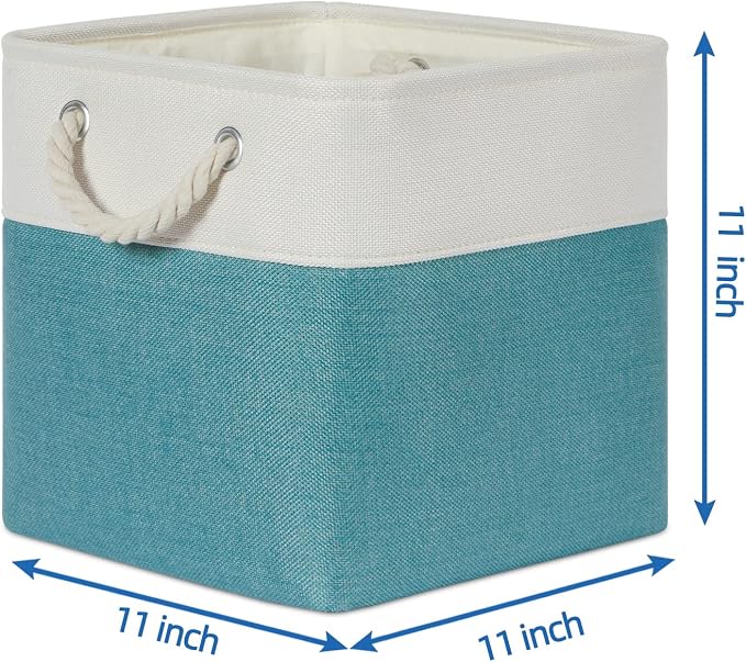 Temary Cubes Storage Baskets 11 Inch Cube Storage Bins 4 Pack Fabric Baskets for Gift Empty Teal Storage Bins for Shelves, Collapsible Fabric Storage Cubes Basket for Storage (White&Teal)