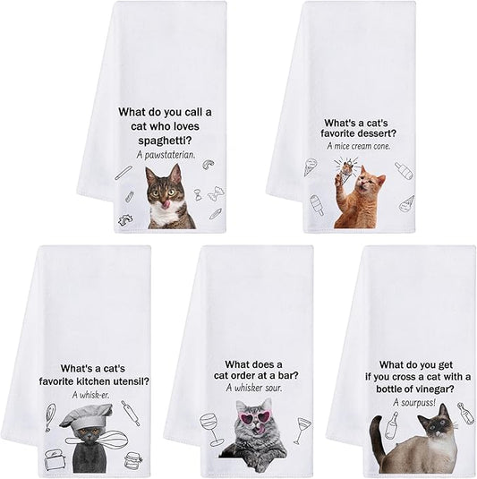 R HORSE 5Pcs Cats Kitchen Towels Set - Funny Cat Pun Jokes Absorbent Quick Dry Cloth Dish Tea Towels Reusable Bar Hand Dishcloths Decor for Cat Lovers Bathroom Kitchen Home Supplies Housewarming Gifts