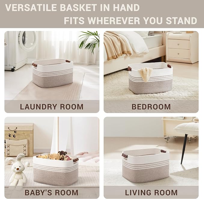 45L Small Woven Laundry Basket Hamper with Leather Handles,Brown | collapsible wicker hamper, storage for dirty clothes, toys, blankets, gifts, living room, bedroom, bathroom, 18"x14"x11"