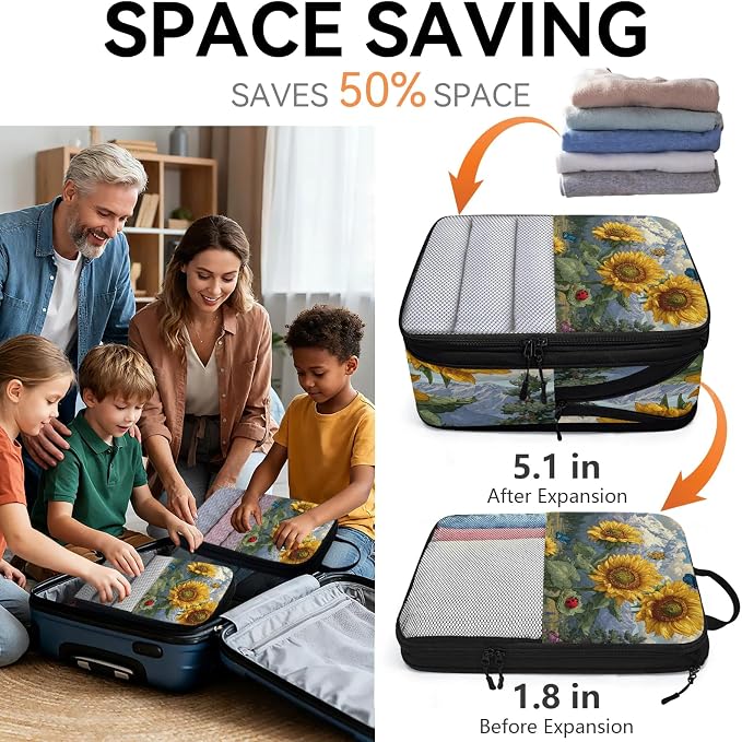 TropicalLife Sunflower Butterfly 6 Set Compression Packing Cubes | Compressible Expandable Luggage Suitcase Organizer Bags Space Saver Bags for Carry on