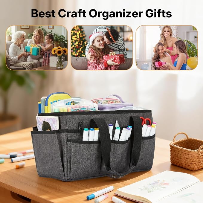 Craft Organizer Tote Bag, Art Storage Caddy with Multiple Pockets | Art Supplies Storage, Sewing Bag, Scrapbooking for School, Home and Office (Grey)