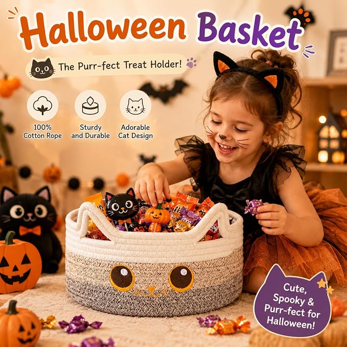 Small Cotton Rope Storage Basket,Round Cat Toy Basket for Living Room,Brown | Cute Decorative Dog Toy Basket, Toy Bin for Baby, Pet, Gift Basket for Halloween, Baby Shower , 11"×11"×4.7"