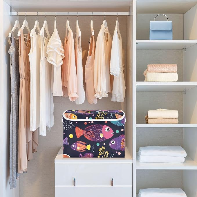 Fish Ocean Storage Bins with Lids Closet Bedroom 40L Storage Basket | Decorative Storage Boxes, Foldable & Stackable, Dust-Proof Flip Top, Reinforced Handles, For Home & Dorm, Clothes & Toy Box