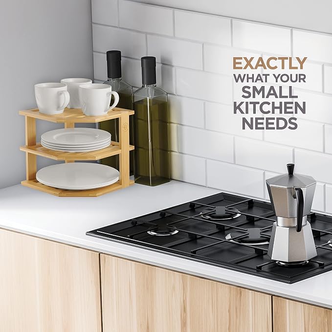 Bambüsi Kitchen Cabinet Organizer, Corner Plate Organizer for Cabinet | 3-Tier Bamboo Corner Shelf Rack, Holds Plates Bowls Mugs Cups, Space Saving Dish Storage Organization, Easy Assembly