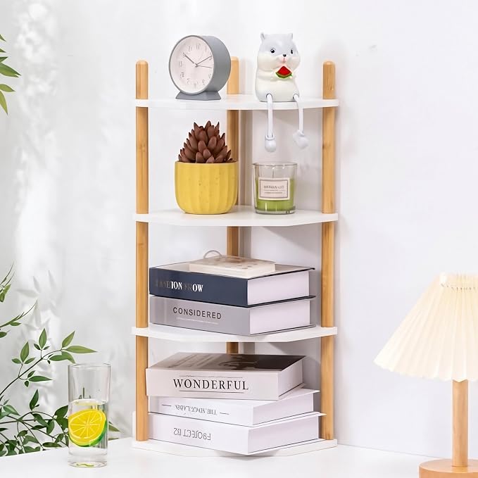 4-Tier Bamboo Corner Shelf,Kitchen Countertop Organizer,Corner Countertop Organizer Shelf, Coffee Bar Organizer,Coffee Bar Accessories,for Kitchen, Pantry, Organizers and Storage,White
