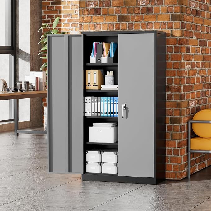 Greenvelly Metal Storage Cabinet, 72" Locking Metal Garage Storage Cabinet with Doors and 4 Adjustable Shelves, Lockable Steel Cabinet for Home Office, Garage, Shop, School (Black Grey 36" W x 18" D)