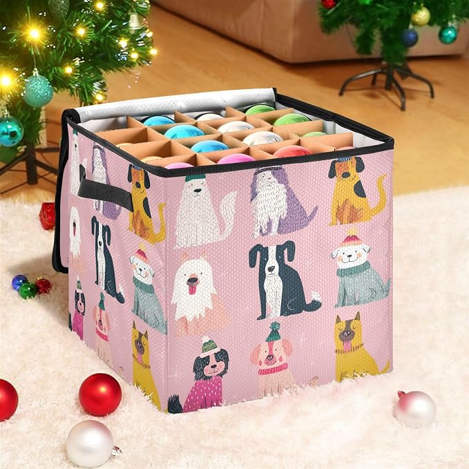 OTVEE Christmas Ornament Storage Box Holiday Decoration Organizer Stores upto 64 Holiday Ornaments Adjustable Dividers Tear-Proof Fabric Festive Pet Whimsy