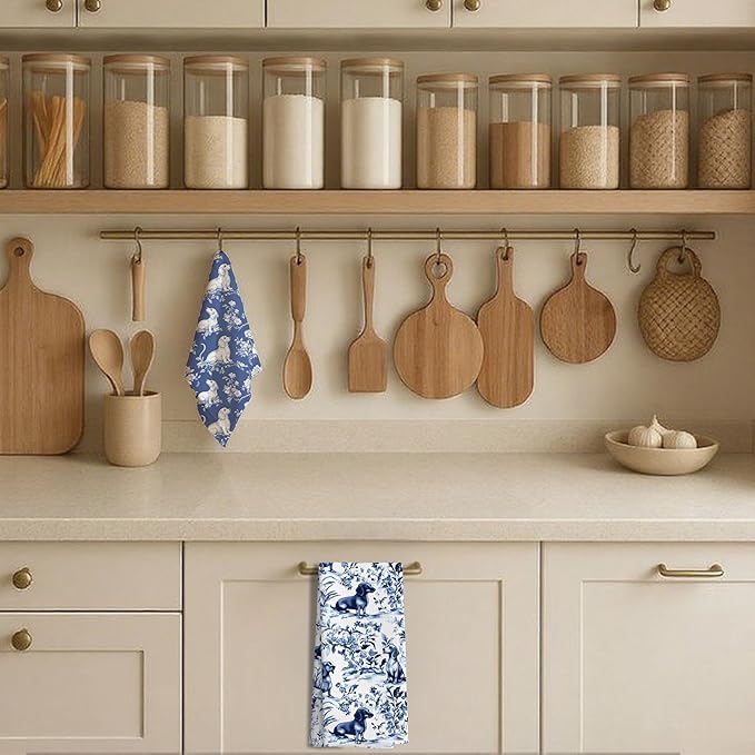 Chinoiserie Dachshund Kitchen Towels Set of 3, Blue and White Floral Botanical Dachshund Decorative Dish Tea Towels, Grandmillennial Weiner Dog Hand Towels for Kitchen Bathroom, 16x24 Inch